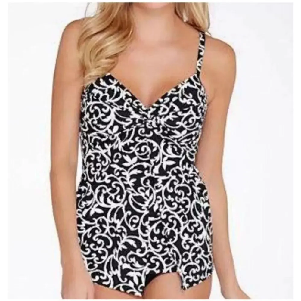 Miraclesuit Scroll Love Knot Tankini Top‎ Black and White Size 10